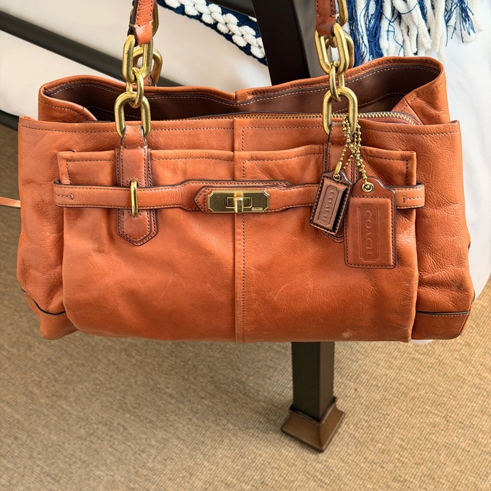 Coach Tan Leather Shoulder Bag with Gold Accents